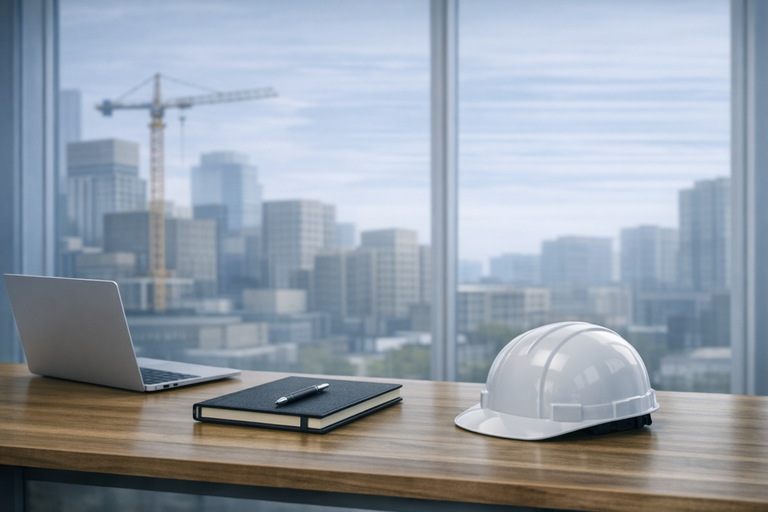 Bureau d’employeur : planification RH et SST, casque de sécurité et chantier en arrière-plan